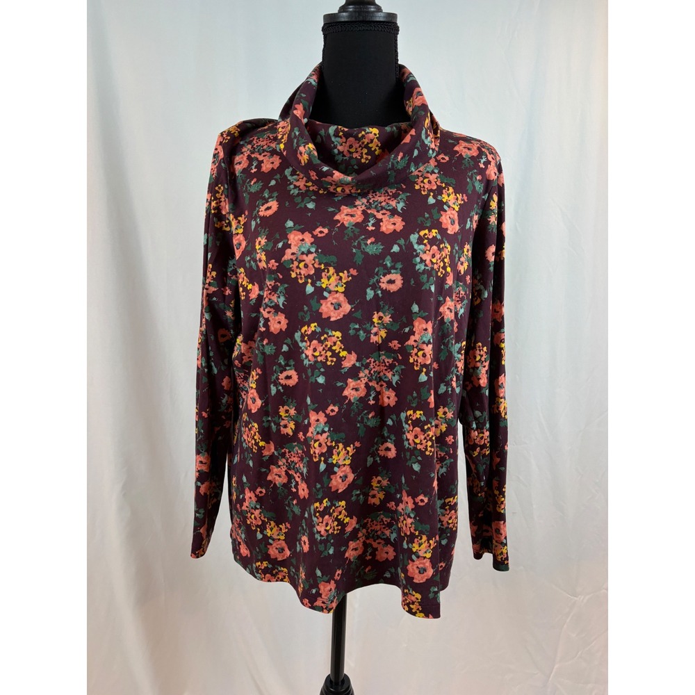 LL Bean Womens XL Burgundy Floral Cowl Neck 100% Supima Cotton Top 508976